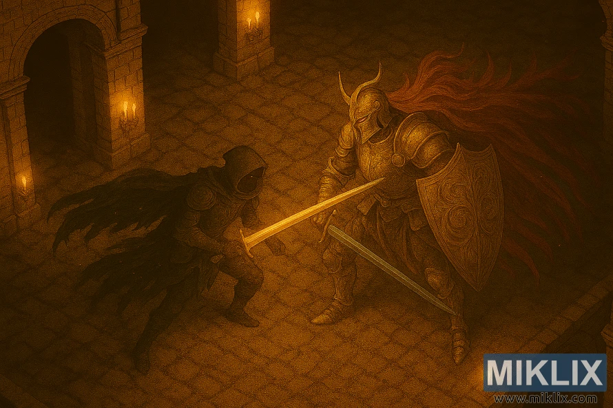 Anime-style fan art of the Tarnished fighting Crucible Knight Ordovis in Auriza Hero's Grave from a high isometric angle.