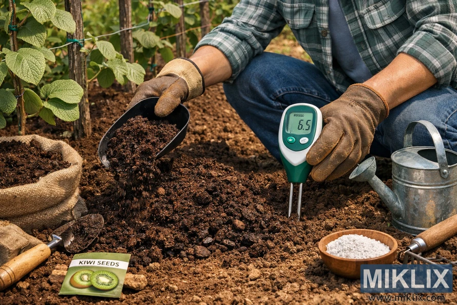 Gardener adding compost to soil and testing pH while preparing a garden bed for kiwi vines Gardener adding compost to soil and testing pH while preparing a garden bed for kiwi vines