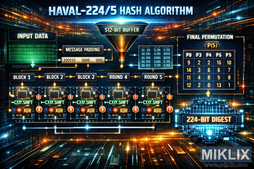 Futuristic diagram showing the data flow of the HAVAL-224/5 hash algorithm from input blocks through five rounds to a 224-bit digest.