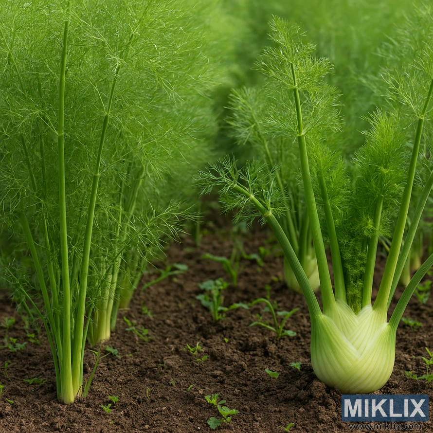 Two types of fennel plants—herb fennel with feathery fronds and Florence fennel with bulbous bases—growing side by side in a garden bed.