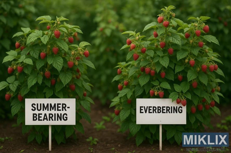 Two raspberry plants labeled Summer-Bearing and Ever-Bearing, growing side by side in a garden with ripe red berries.