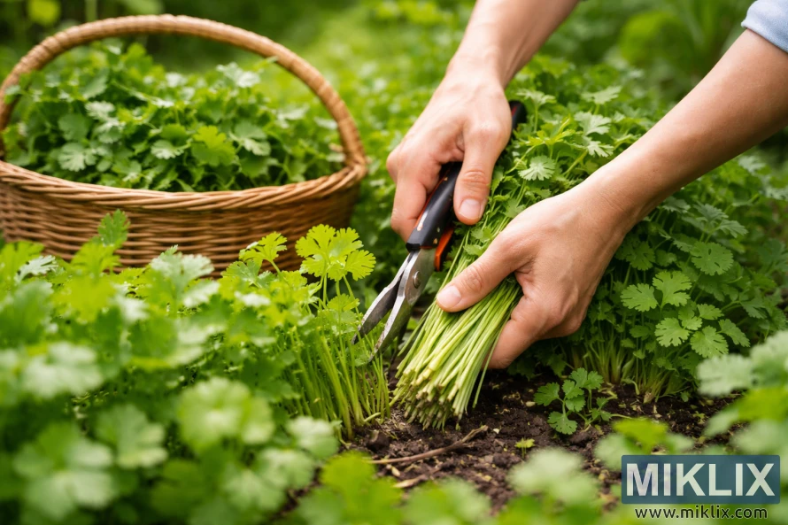 Hands cutting fresh cilantro stems near the base with garden shears in a lush green garden bed.