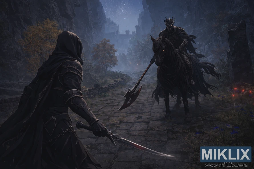 Fan art ao estilo anime que mostra o Maculado com armadura Black Knife a enfrentar cautelosamente a Cavalaria da Noite na Estrada Bellum durante a noite, momentos antes do início do combate.