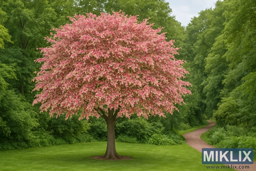 Pohon Beech tiga warna dengan dedaunan beraneka warna ungu, merah muda, dan putih di sebuah taman.