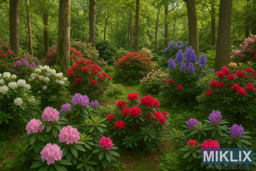 Spring woodland garden with blooming rhododendrons under dappled sunlight. Spring woodland garden with blooming rhododendrons under dappled sunlight.