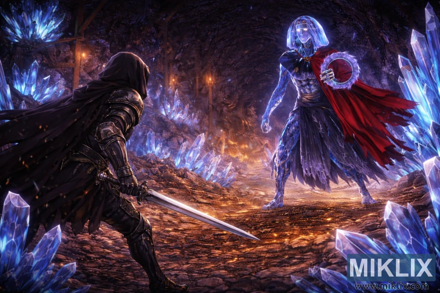 Arte de fã de Elden Ring em estilo anime, mostrando o Tarnished de costas, com uma espada, encarando um imponente chefe Crystaliano dentro do Túnel de Cristal Raya Lucaria, repleto de cristais.