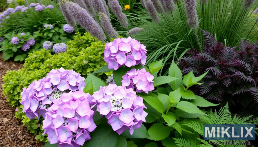 Lavender hydrangeas in bloom surrounded by grasses, ferns, and dark foliage in a vibrant garden.