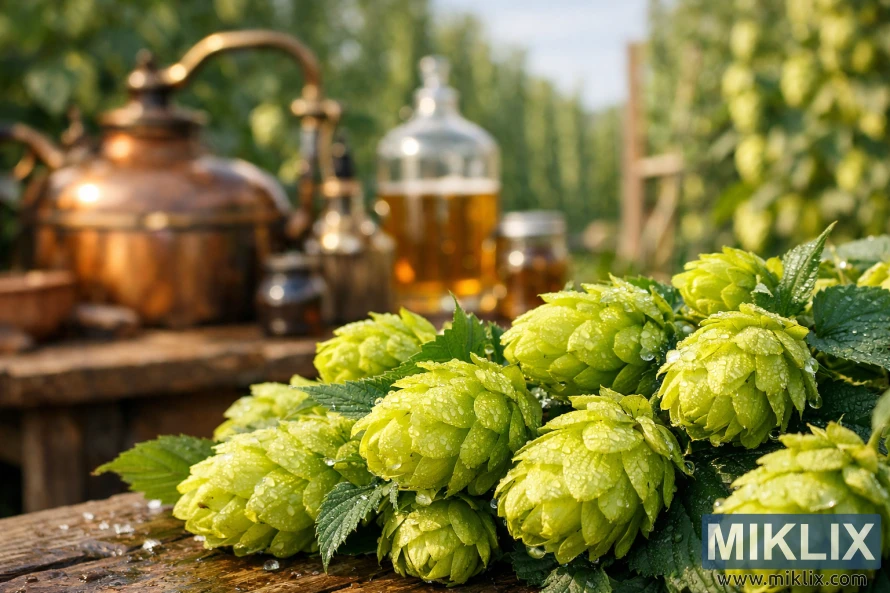 Close-up of fresh Bianca hop cones with dewdrops on a rustic brewing table, copper kettles and fermenters softly blurred in the background, and a hop garden beyond.
