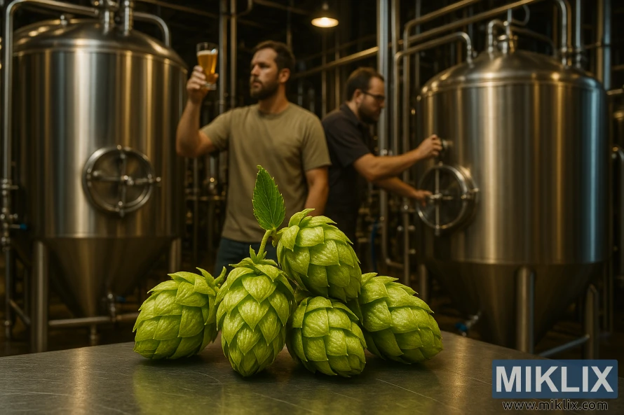 Шишарке хмеља Aquila у пивари са резервоарима и цевима од нерђајућег челика.