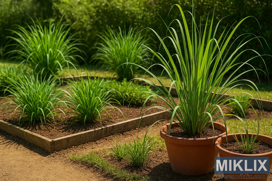 Lemongrass plants growing in terracotta pots and raised garden beds under bright sunlight