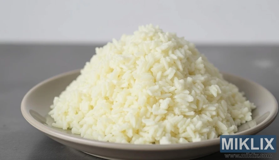 Karibu na sahani ya wali mweupe wa koliflower dhidi ya msingi wa upande wowote.