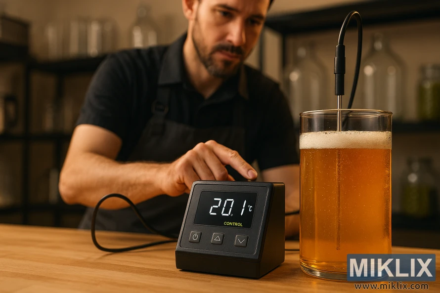 Brewer using a digital temperature controller beside a fermentation vessel filled with golden lager Brewer using a digital temperature controller beside a fermentation vessel filled with golden lager