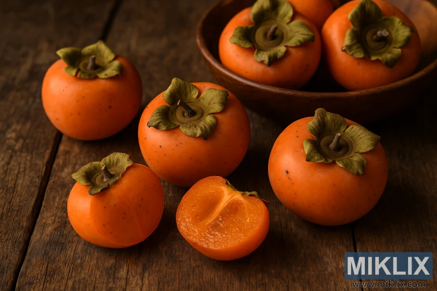 Close-up of ripe American persimmon fruits on a rustic wooden table with one cut open to reveal its bright orange flesh. Close-up of ripe American persimmon fruits on a rustic wooden table with one cut open to reveal its bright orange flesh.