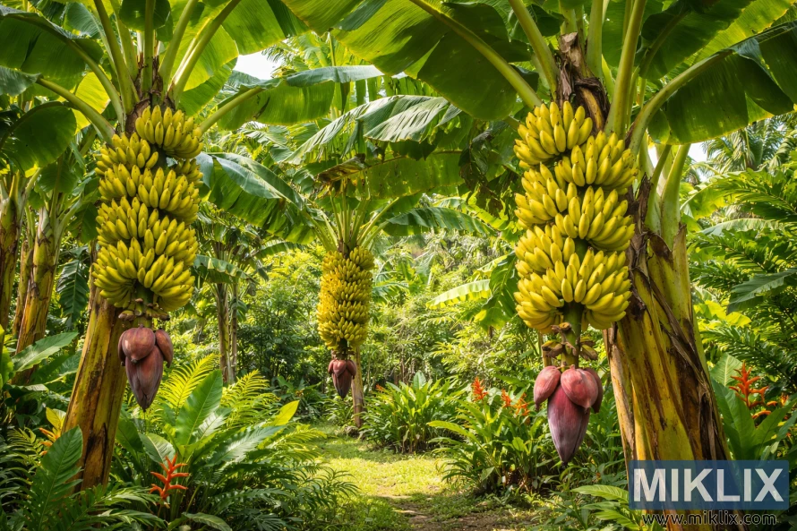 Lady Finger banana plants with ripe fruit bunches and red blossoms growing in a sunlit tropical garden.