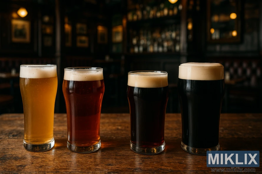 Ənənəvi İrlandiya meyxanasının içərisində köntöy taxta masa üzərində pint stəkanlarında dörd fərqli İrlandiya pivəsi. Ənənəvi İrlandiya meyxanasının içərisində köntöy taxta masa üzərində pint stəkanlarında dörd fərqli İrlandiya pivəsi.