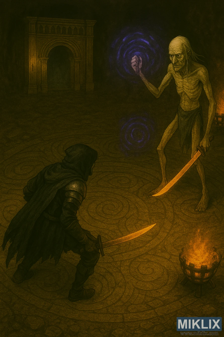 Semi-realistic isometric fantasy illustration of the Tarnished battling the towering Onyx Lord in Elden Ring