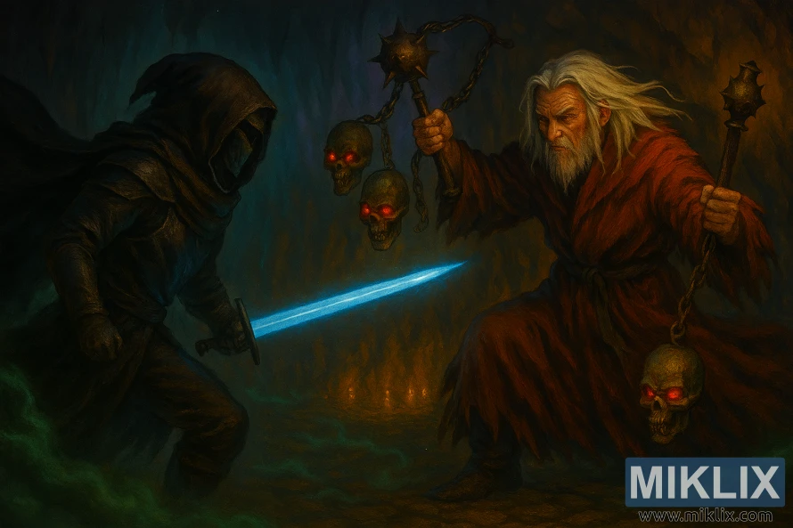 Semi-realistic fan art of the Tarnished in hooded Black Knife armor battling Necromancer Garris in a cavern Semi-realistic fan art of the Tarnished in hooded Black Knife armor battling Necromancer Garris in a cavern