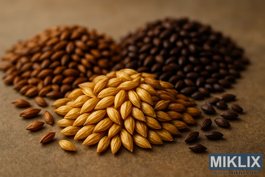 Zrna slada Golden Promise s jantarnim, karamelnim i čokoladnim sladovima aranžirana pod toplim osvjetljenjem.