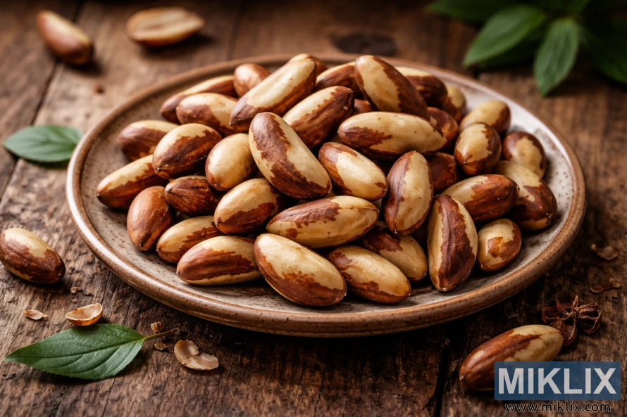 Kacang Brazil ditumpuk di atas piring keramik sederhana yang diletakkan di atas meja kayu usang dengan pencahayaan alami.