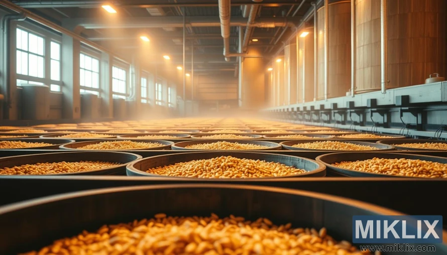 Industrielt maltanlegg med rader av trefat fylt med gylne byggkorn under varmt lys.
