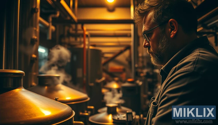 Bryggeren overvåker humletilsetning ved siden av glødende kobberkjele i svakt opplyst bryggeri med damp og beholdere i rustfritt stål. Bryggeren overvåker humletilsetning ved siden av glødende kobberkjele i svakt opplyst bryggeri med damp og beholdere i rustfritt stål.