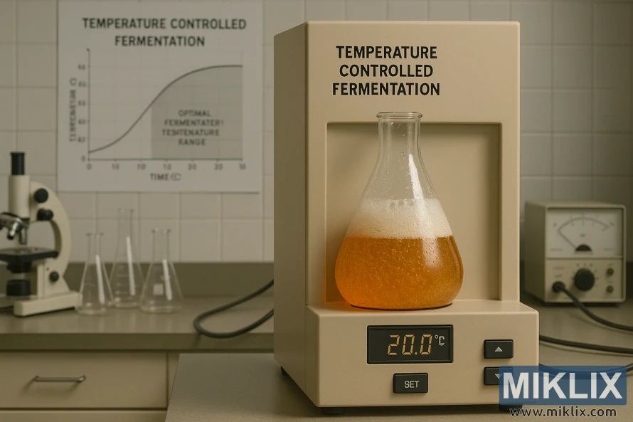 Laboratorium med et gjæringskammer som holder boblende gyllen øl på en ren benk.