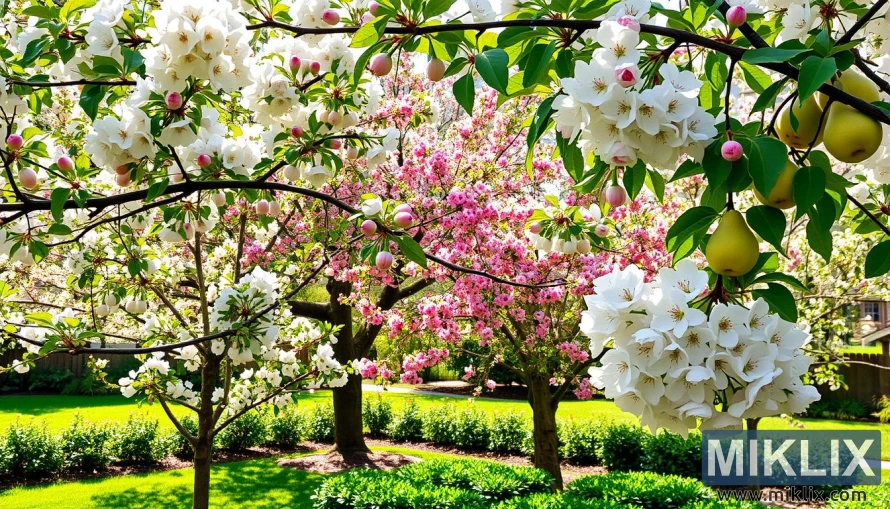 Весенний сад с цветущими фруктовыми деревьями, розовыми почками, белыми цветами и спелыми золотистыми грушами. Весенний сад с цветущими фруктовыми деревьями, розовыми почками, белыми цветами и спелыми золотистыми грушами.