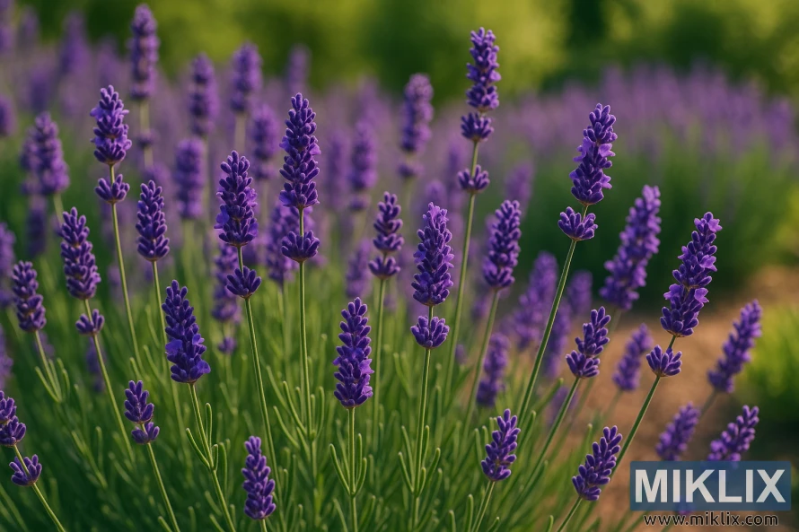 Detaljeret nærbillede af engelsk lavendel med livlige lilla blomster og slanke grønne stængler i en solrig have. Detaljeret nærbillede af engelsk lavendel med livlige lilla blomster og slanke grønne stængler i en solrig have.