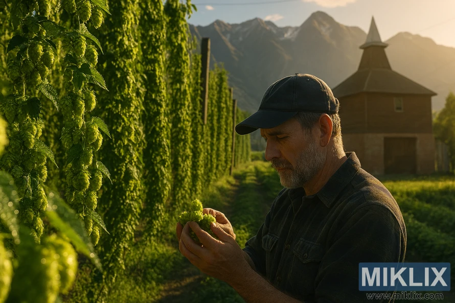 A brewer inspects dew-covered hop cones in a sunlit Chelan hop field with Cascade Mountains in the background. A brewer inspects dew-covered hop cones in a sunlit Chelan hop field with Cascade Mountains in the background.