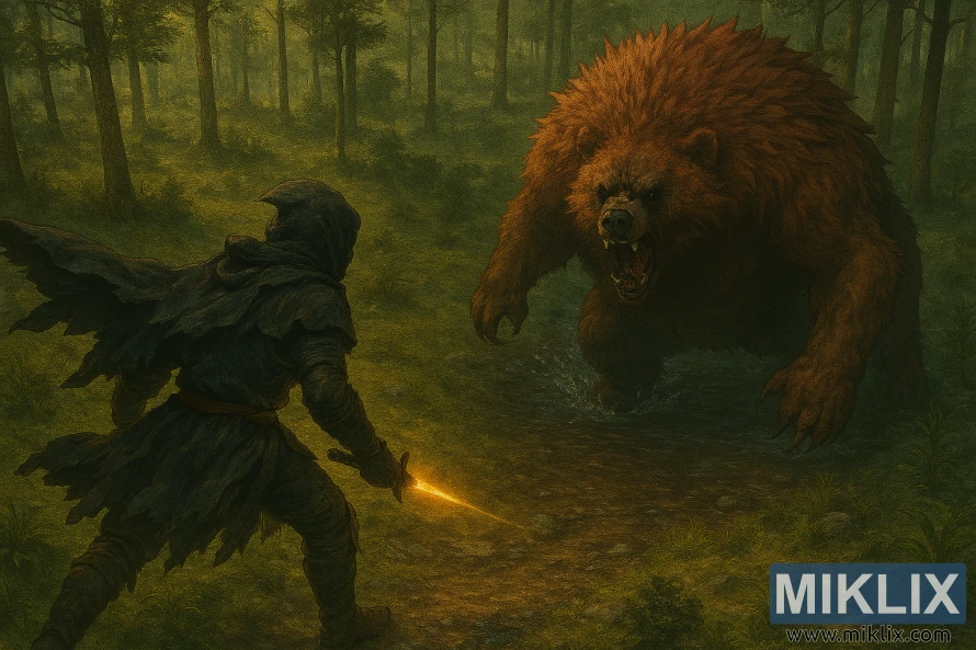 Semi-realistic fan art of the Tarnished in Black Knife armor facing Ralva the Great Red Bear in a forest