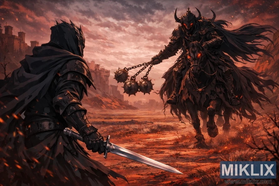 Anime-style fan art showing the Tarnished from behind on the left with a drawn sword facing the Night’s Cavalry on a skeletal horse wielding a three-balled flail in the red wastelands of Caelid.