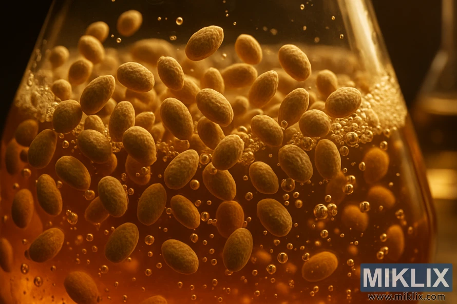 Krupni plan kuvanja kvasca koji se vrti u ćilibarskoj tečnosti sa šumećim mehurićima.