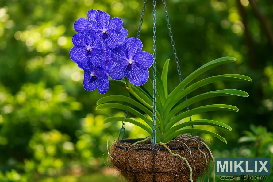 Orchidée Vanda d'un bleu éclatant en pleine floraison dans un panier suspendu, dans un jardin ensoleillé