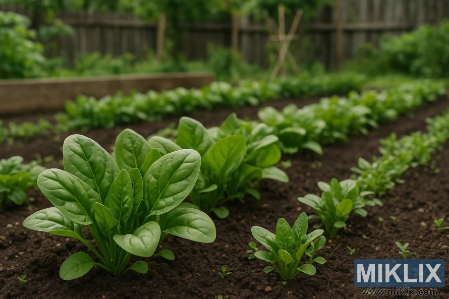 Здоровые растения шпината с гладкими листьями растут рядами на плодородной почве в домашнем саду, окруженном деревенским деревянным забором. Здоровые растения шпината с гладкими листьями растут рядами на плодородной почве в домашнем саду, окруженном деревенским деревянным забором.