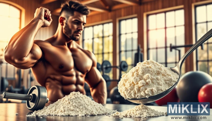 Muscular bodybuilder taking casein protein powder in a sunlit gym. Muscular bodybuilder taking casein protein powder in a sunlit gym.