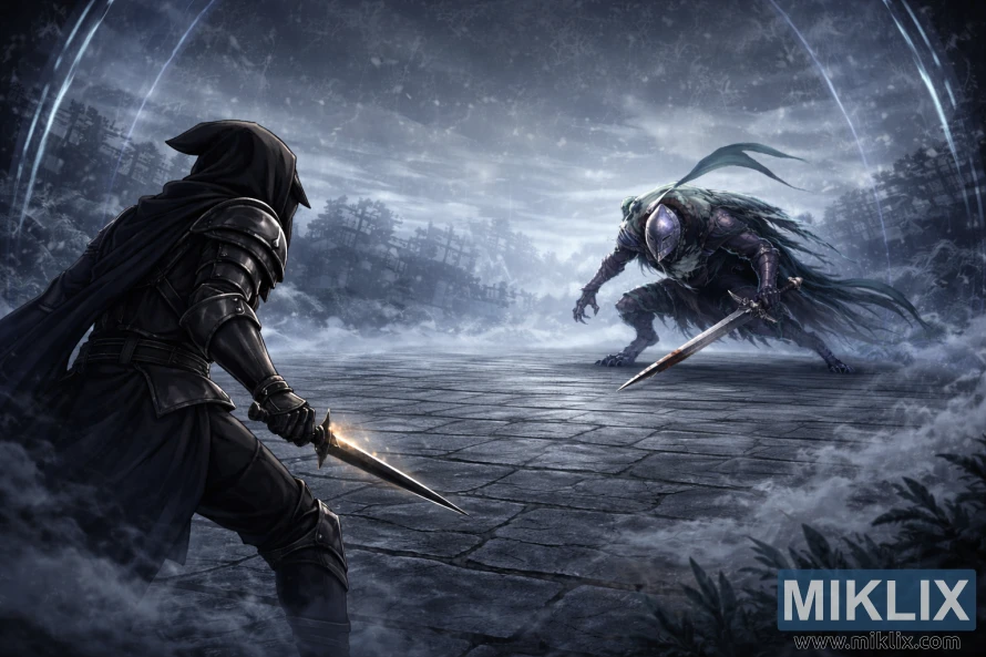 Wide anime fantasy scene of the Tarnished seen from behind facing Bloodhound Knight Darriwil with a sword in a misty magical arena. Wide anime fantasy scene of the Tarnished seen from behind facing Bloodhound Knight Darriwil with a sword in a misty magical arena.