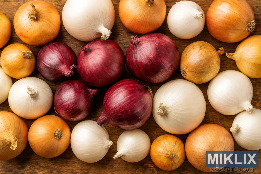 Bawang bombay kuning, merah, dan putih yang disusun di atas permukaan kayu.