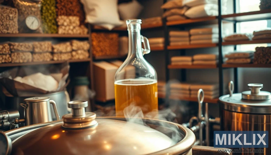 Nærbilde av kobberbryggekjele, glasscarboy og bryggeverktøy i et varmt, koselig håndverksoppsett med humle og malt.