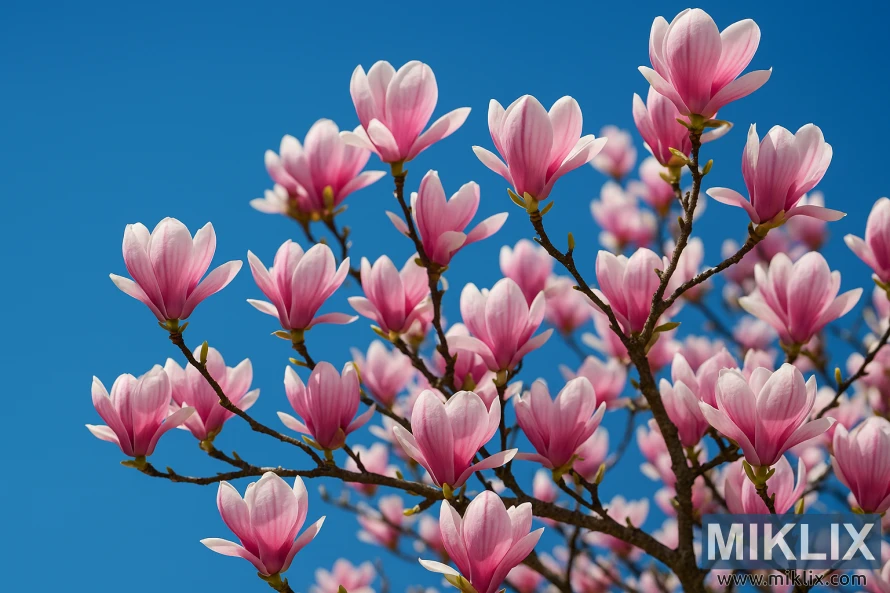 Magnolia tree with pink cup-shaped blossoms in full bloom set against a vibrant blue sky