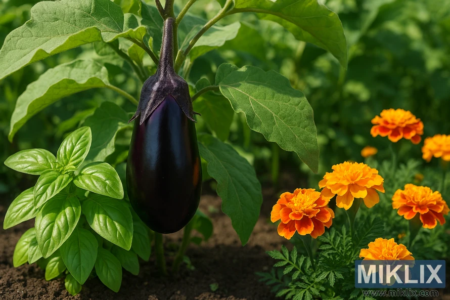 Eggplant growing beside basil and marigolds in a sunlit garden bed