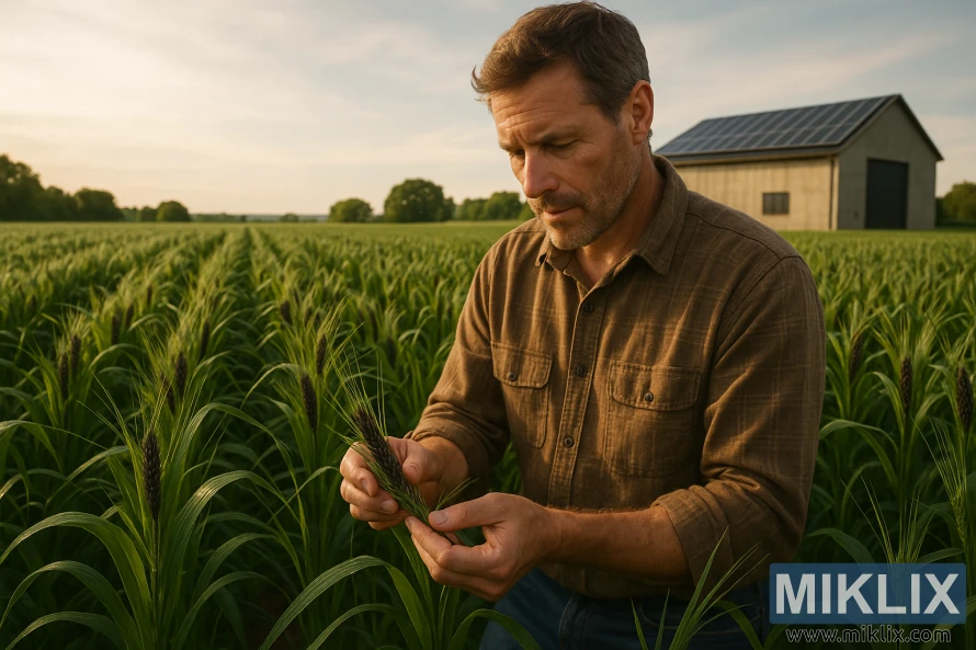 Bonden inspiserer Blackprinz maltplanter i solfylt felt med miljøvennlig malthus i bakgrunnen. Bonden inspiserer Blackprinz maltplanter i solfylt felt med miljøvennlig malthus i bakgrunnen.