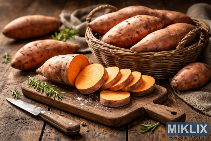 มันเทศหั่นเป็นชิ้นวางบนเขียงไม้แบบบ้านๆ พร้อมตะกร้าใส่มันเทศทั้งลูกและโรสแมรี่ วางอยู่บนโต๊ะในบ้านไร่