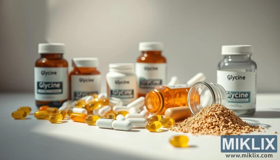 لقطة مقربة لكبسولات الجلايسين والأقراص والمساحيق على خلفية بسيطة ونظيفة. لقطة مقربة لكبسولات الجلايسين والأقراص والمساحيق على خلفية بسيطة ونظيفة.
