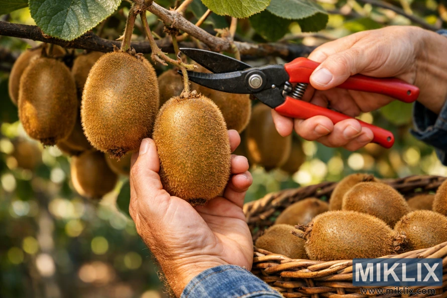 Close-up of hands harvesting ripe kiwifruit from a vine with pruning shears and a basket of fruit nearby Close-up of hands harvesting ripe kiwifruit from a vine with pruning shears and a basket of fruit nearby