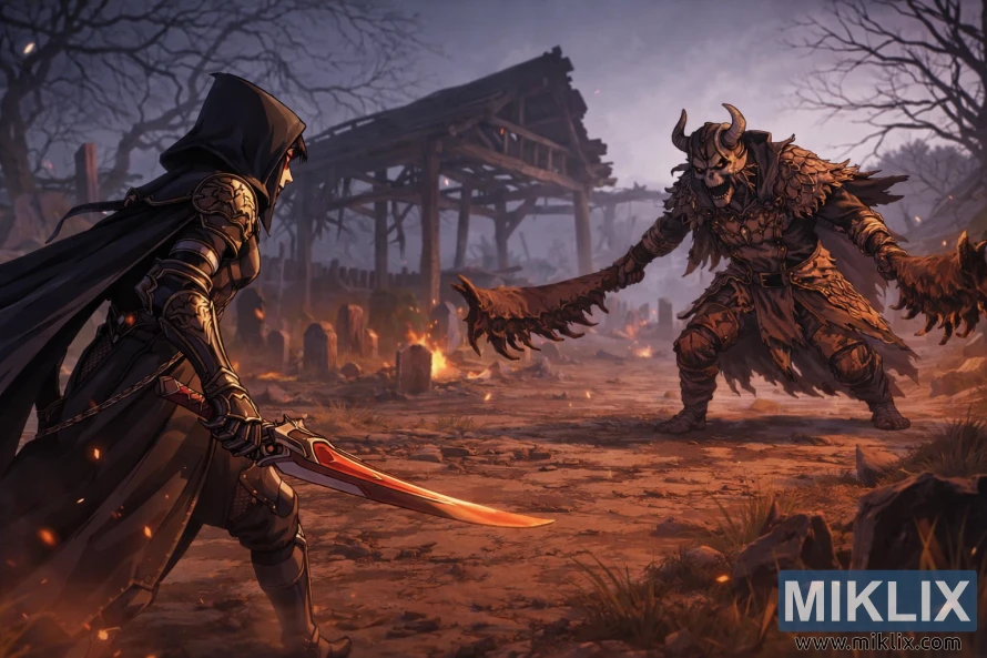 Illustration de style anime représentant l'armure du Couteau Terni en Noir face à l'Omenkiller dans le Village des Albinauriques, quelques instants avant le début du combat.