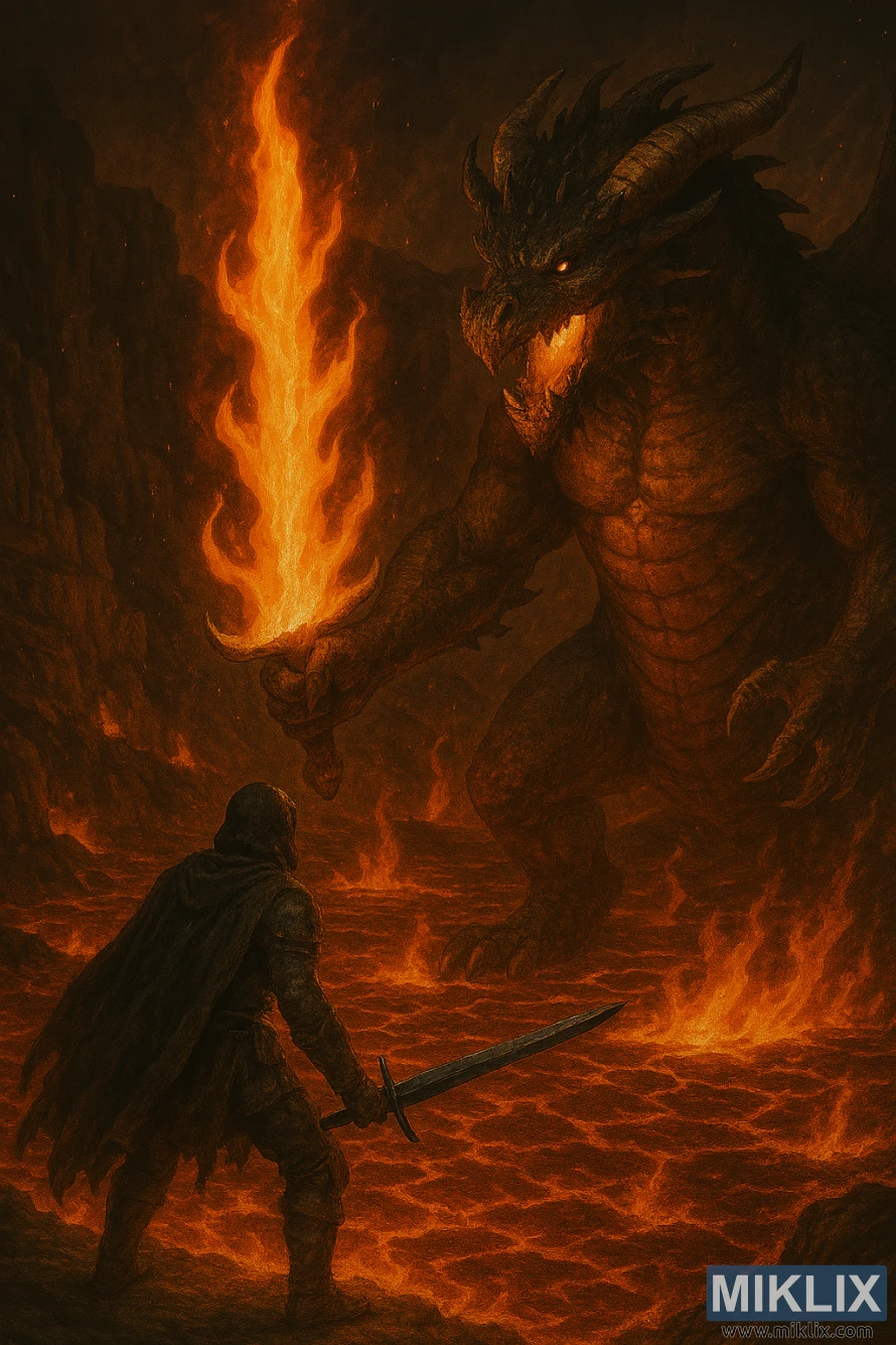 Realistic fantasy art of Tarnished confronting a towering Magma Wyrm with flaming sword in Elden Ring Realistic fantasy art of Tarnished confronting a towering Magma Wyrm with flaming sword in Elden Ring