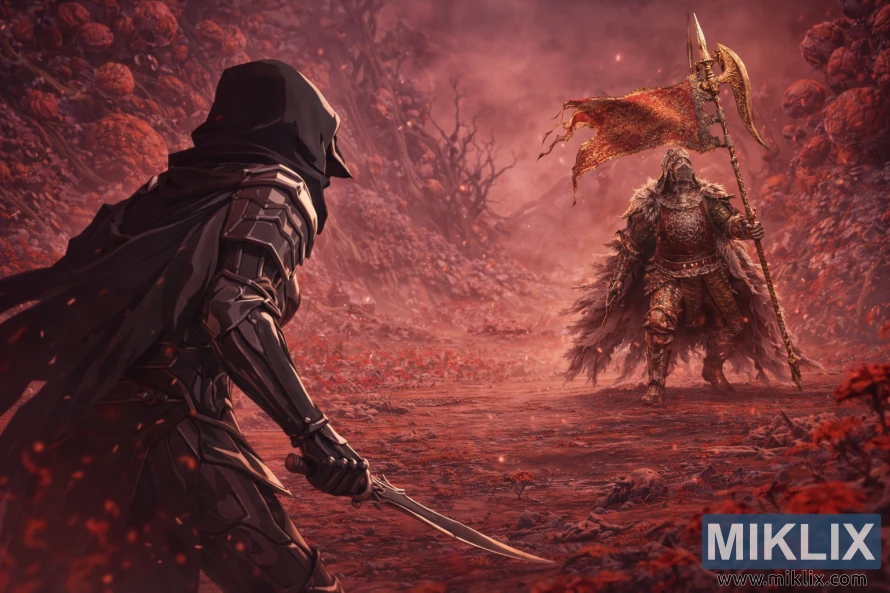 Anime-style fan art showing the Tarnished in Black Knife armor seen from behind, cautiously approaching Commander O’Neil in the red, rot-filled Swamp of Aeonia just before battle.