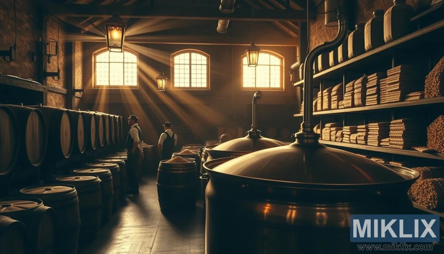 Historisk bryggehall med kobbermos, trefat og hvetemaltkorn under lanternelys.