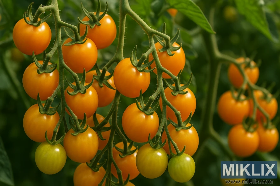 Cachos de tomates-cereja Sungold maduros pendurados em trepadeiras verdes. Cachos de tomates-cereja Sungold maduros pendurados em trepadeiras verdes.