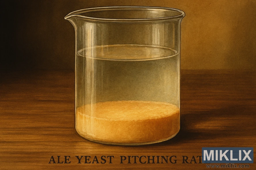 Glass container with beige-orange ale yeast sediment on wooden surface Glass container with beige-orange ale yeast sediment on wooden surface